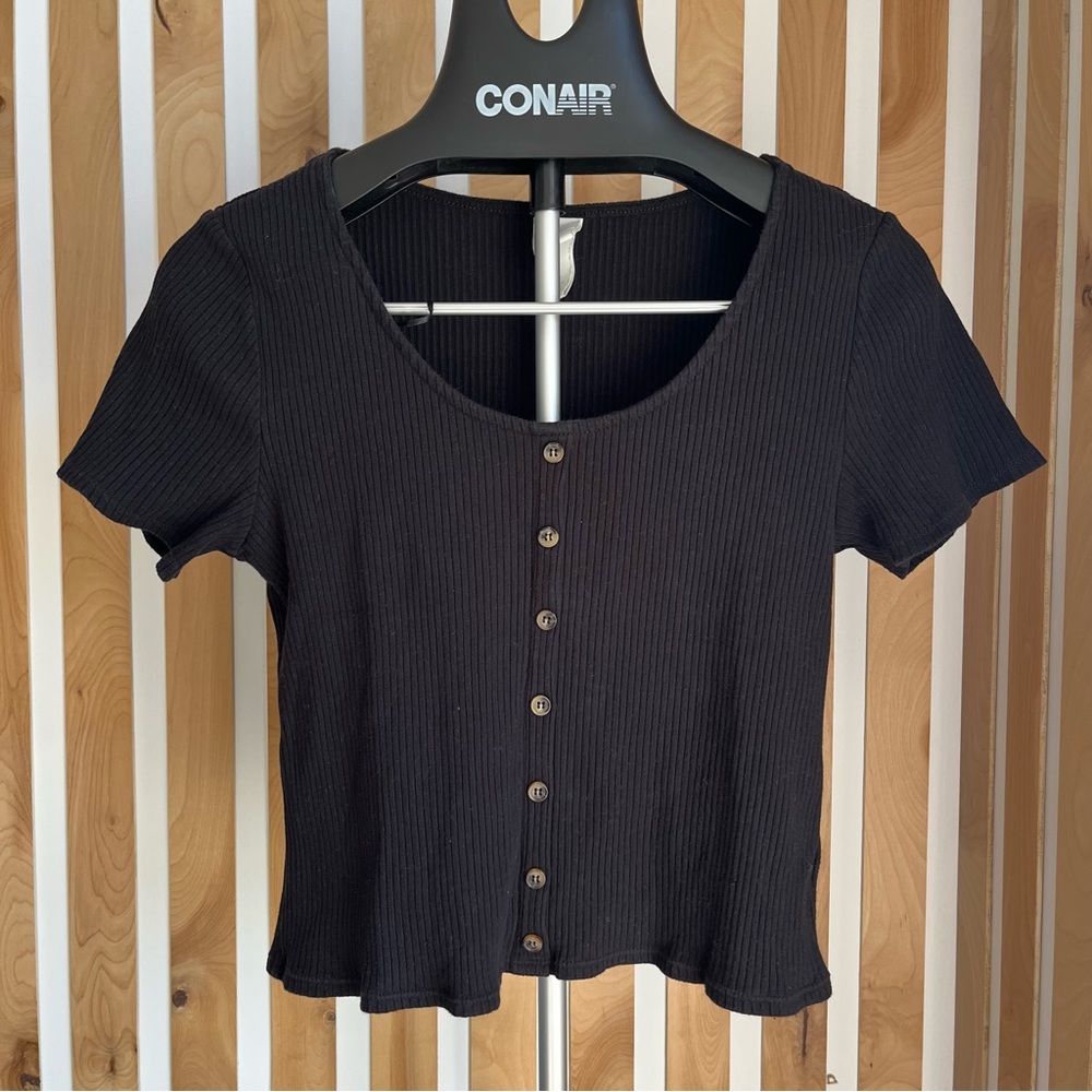 Black “Button-Up” Ribbed Top